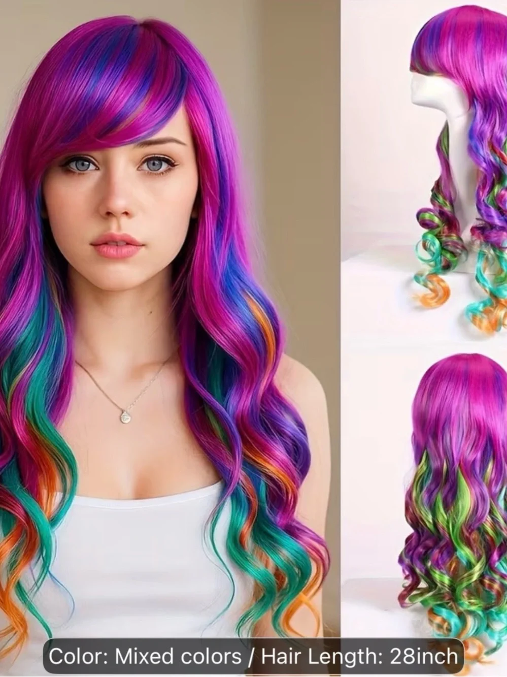Vibrant Multi-Color Long Women’s Wig - Fuchsia, Blue & Teal